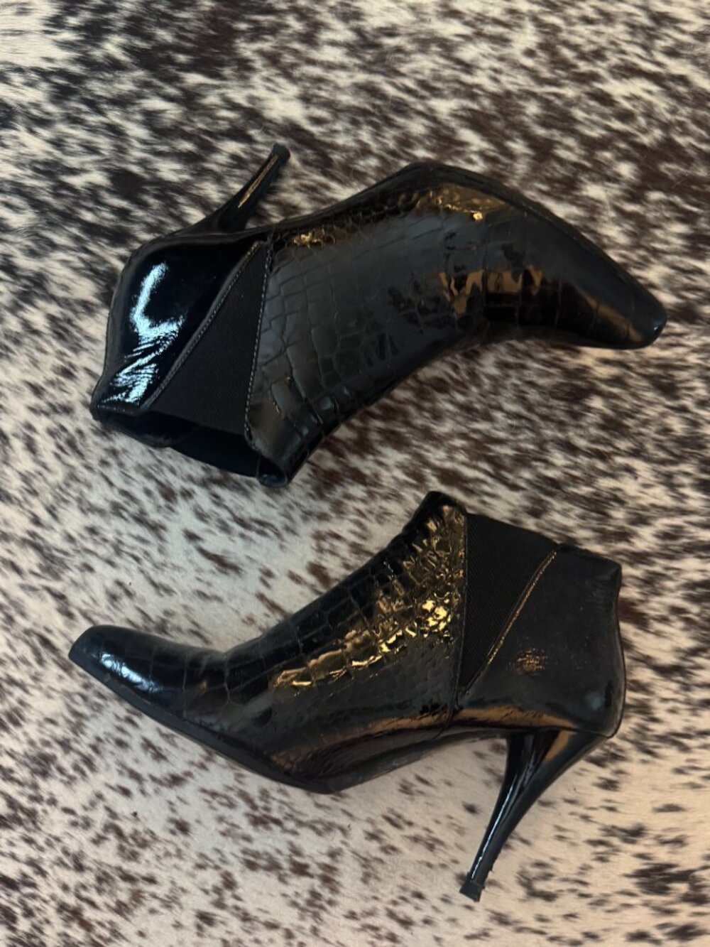 Prada Black Croc Embossed Patent Leather Pointed Ankle Booties Size 37 - Picture 2 of 11